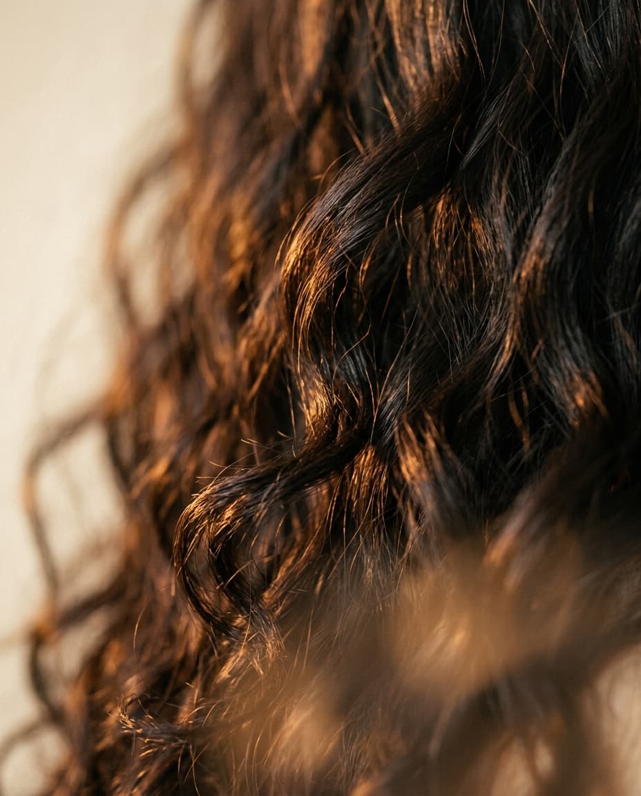 Close-up of dark, richly textured curls catching warm light