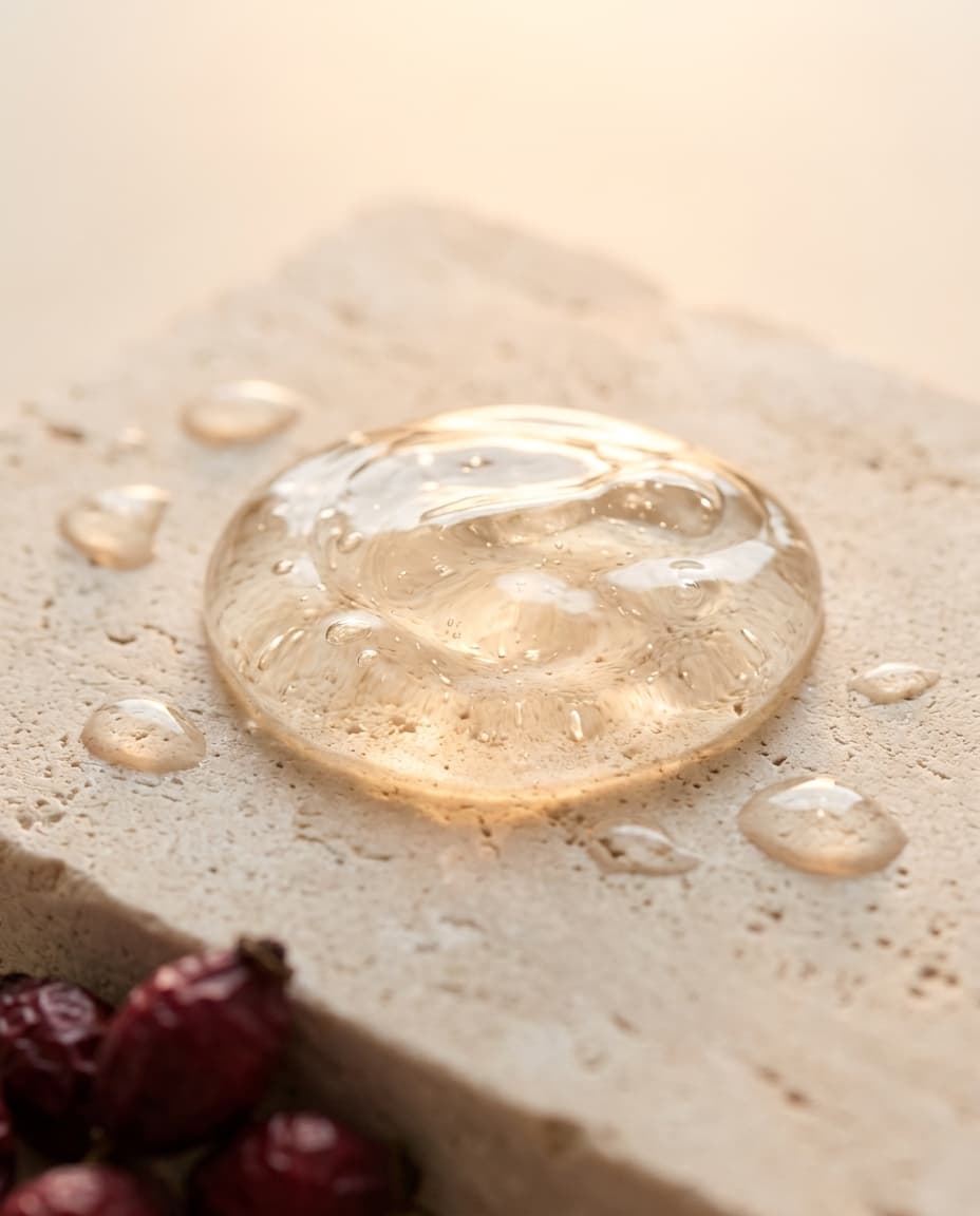 A translucent gel droplet glowing with warm light on pale stone, with rose hips at the edge of frame